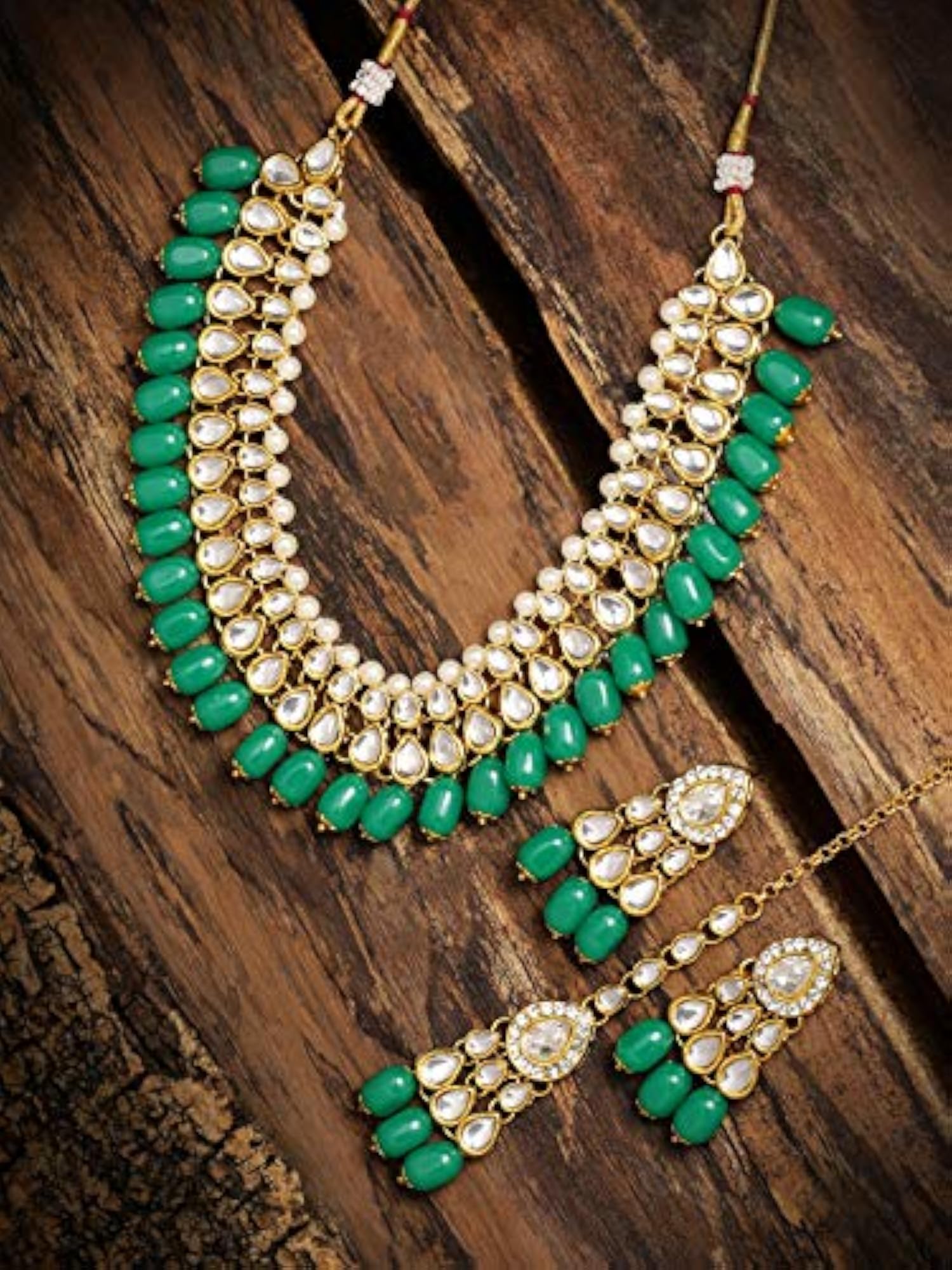 Women's Kundan & Dangling Green Beads Necklace Set
